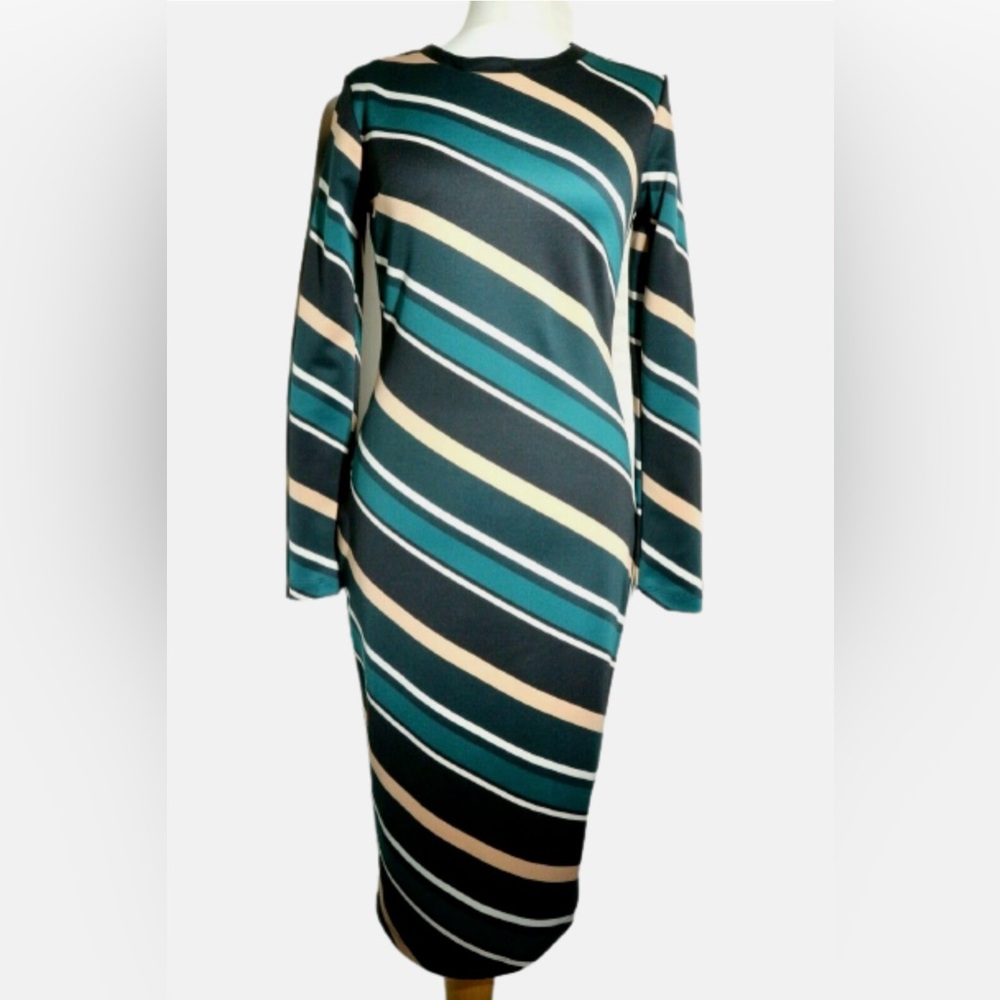 M&S Collection - Elegant Striped Long Sleeve Dress in Teal and Beige